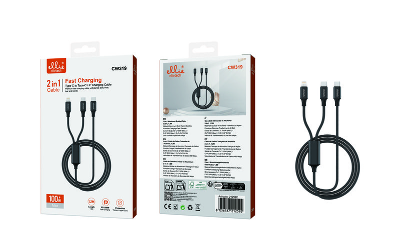 Ellietech CW319 Cable de Carga Rapida de 100W 2 in 1 para Type-C a Type-C / Lightning 1.2M