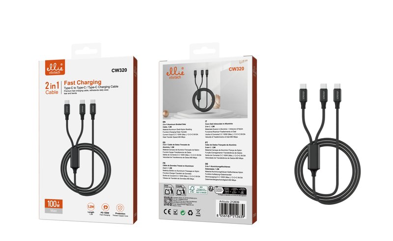 Ellietech CW320 Cable de Carga Rapida de 100W 2 in 1 para Type-C a Type-C / Type -C 1.2M