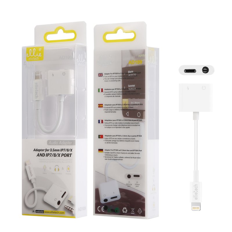 Ellietech AD109 Adaptador de Audio Jack 3.5mm + Carga Lightning para iPhone