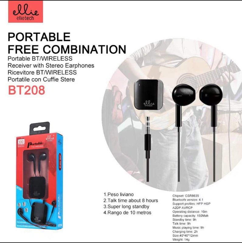 Ellietech BT208 Auriculares con Receptor Bluetooth