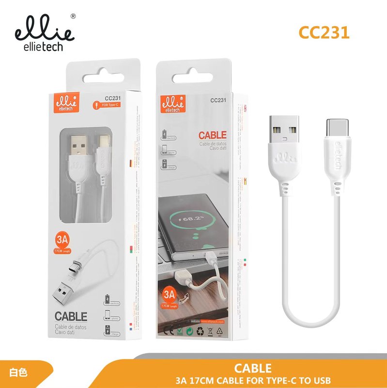 Ellietech CC231 Cable de Dato Tipo C a USB 17CM 3A
