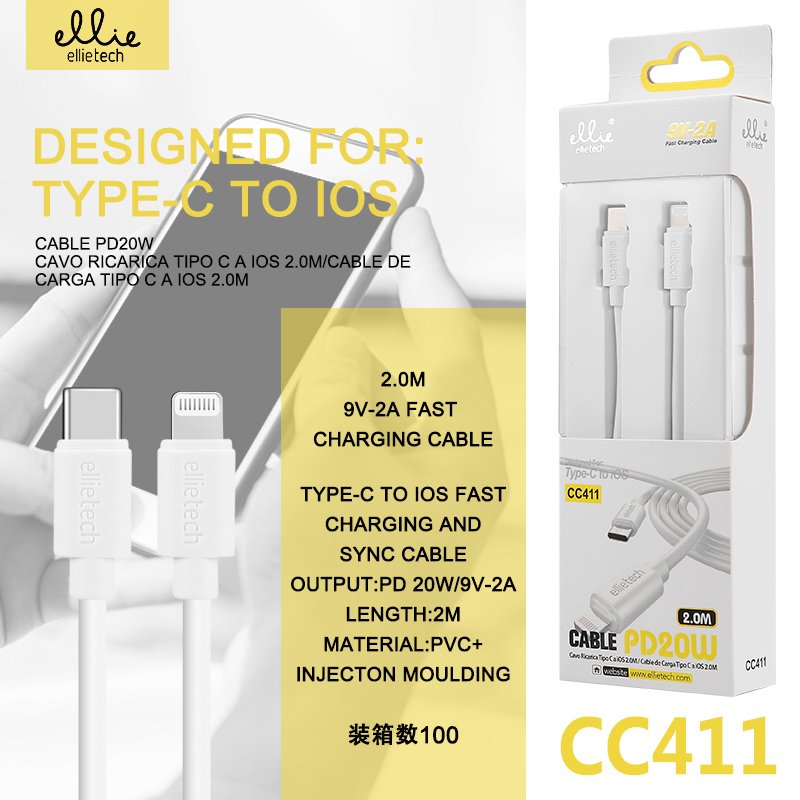 Ellietech CC411 Cable de Dato Tipo C a iOS Lightning PD20W 2M para iPhone