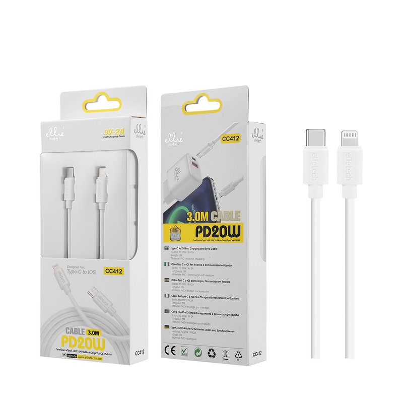Ellietech CC412 Cable de Dato Tipo C a iOS Lightning PD20W 3M para iPhone