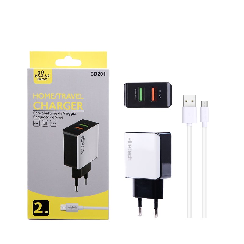 Ellietech CD201 Cargador con Cable Micro USB 2.1A 1M 2USB