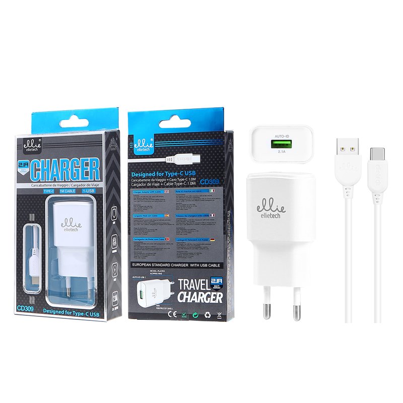 Ellietech CD309 Cargador de Casa con Cable Tipo C 1USB 1M