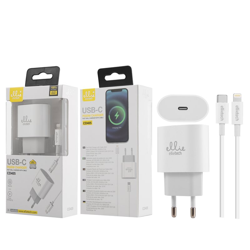 Ellietech CD405 Cargador de Entrada Tipo C PD20W con cable para iPhone