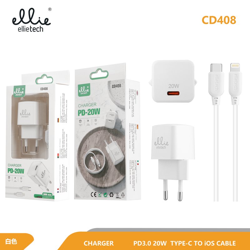 Ellietech CD408 Cargador PD con Cable de Tipo C a Lightning 20W