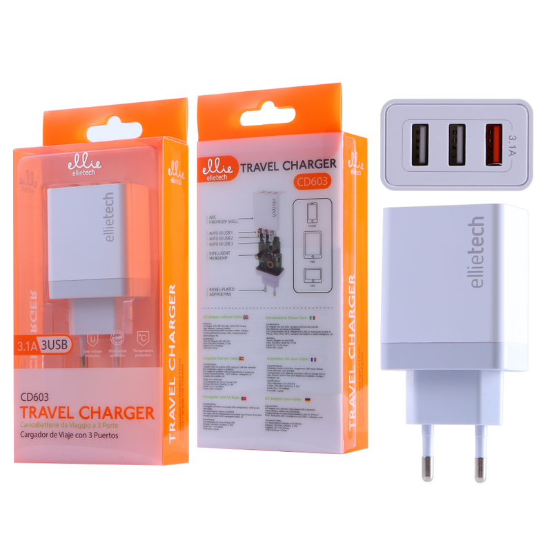 Ellietech CD603 Cargador de Casa Con 3 Puertos 3.1A 3USB