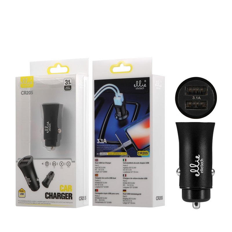 Ellietech CR205 Cargador de Coche USB DUAL Puerto 2 3.1A SIN CABLE