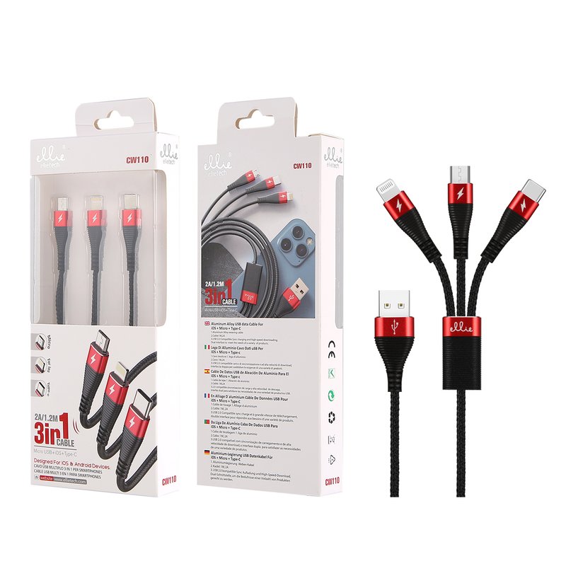 Ellietech CW110 Cable Aluminio 3 En 1 Micro+iOS+Tipo C 2A 1.2M