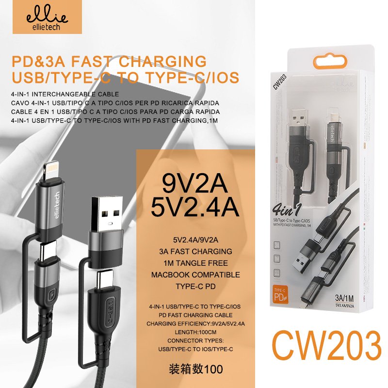 Ellietech CW203 Cable 4 en 1 USB / Tipo C a Tipo C / iOS Lightning Carga Rapida 3A 1M