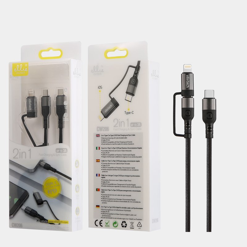 Ellietech CW206 Cable 2 en 1 Tipo C a Tipo C / iOS de Carga Rápida 3A