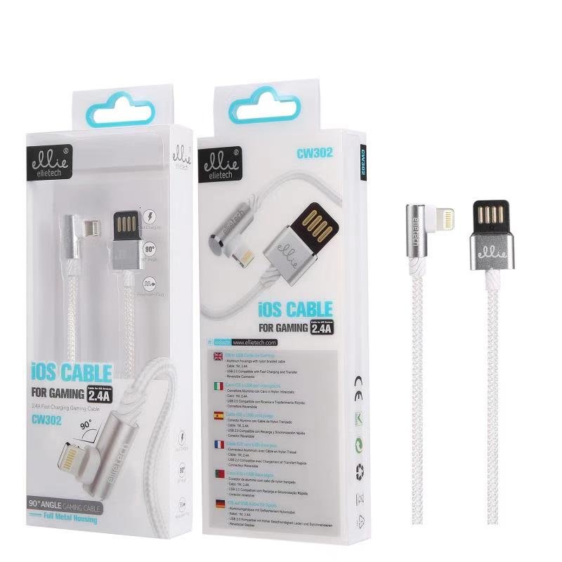 Ellietech CW302 Cable Aluminio Carga Rapida de 2.4A para iPhone iOS Lightning de 90 grados