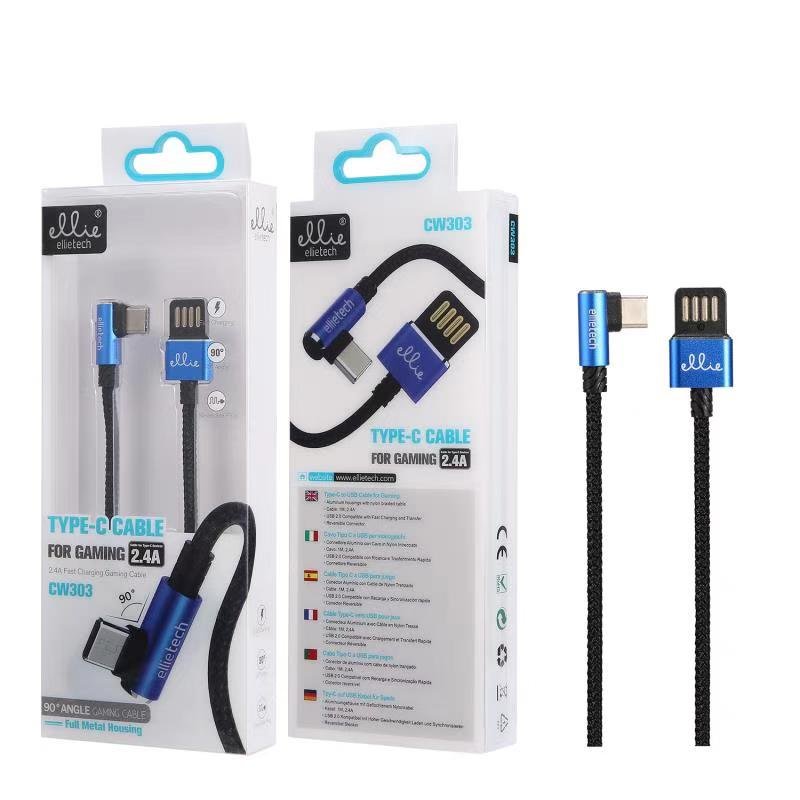 Ellietech CW303 Cable Aluminio Carga Rapida de 2.4A para Tipo C de 90 grados