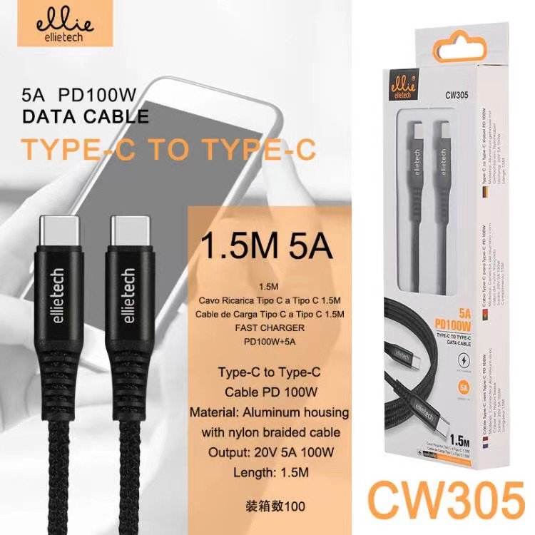 Ellietech CW305 Cable de Nylon para Tipo C a Tipo C 1.5M 5W 100W