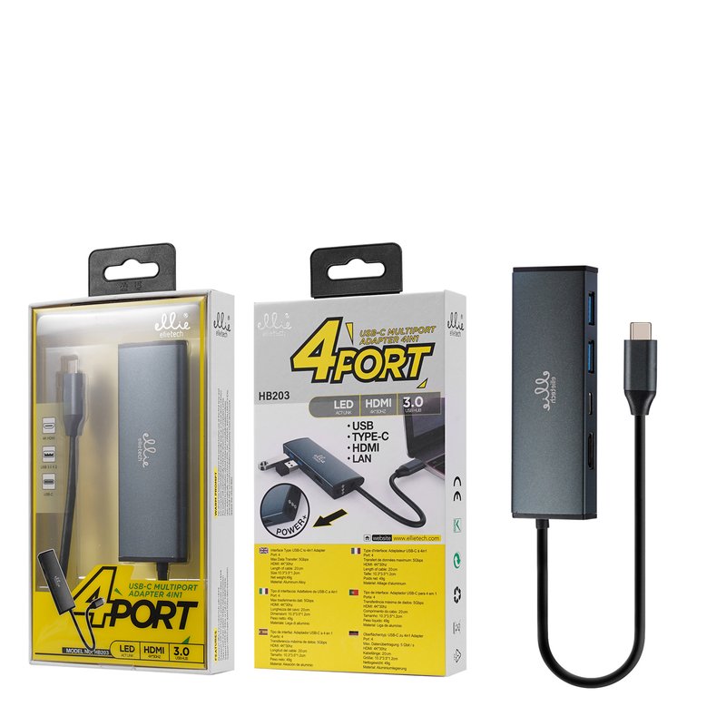 Ellietech HB203 3.0 USB-C Multipuerto Adaptador 4 en 1 HDMI, USBx2 , TIPO C