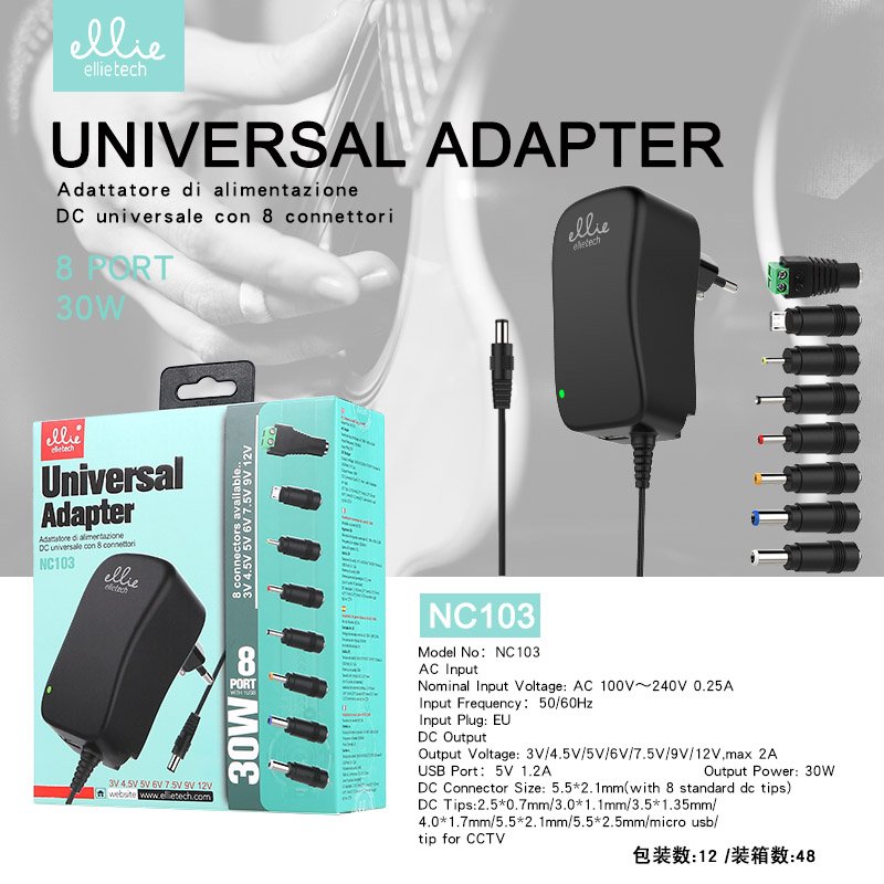 Ellietech NC103 Universal Adaptador 30W 8 clavijas