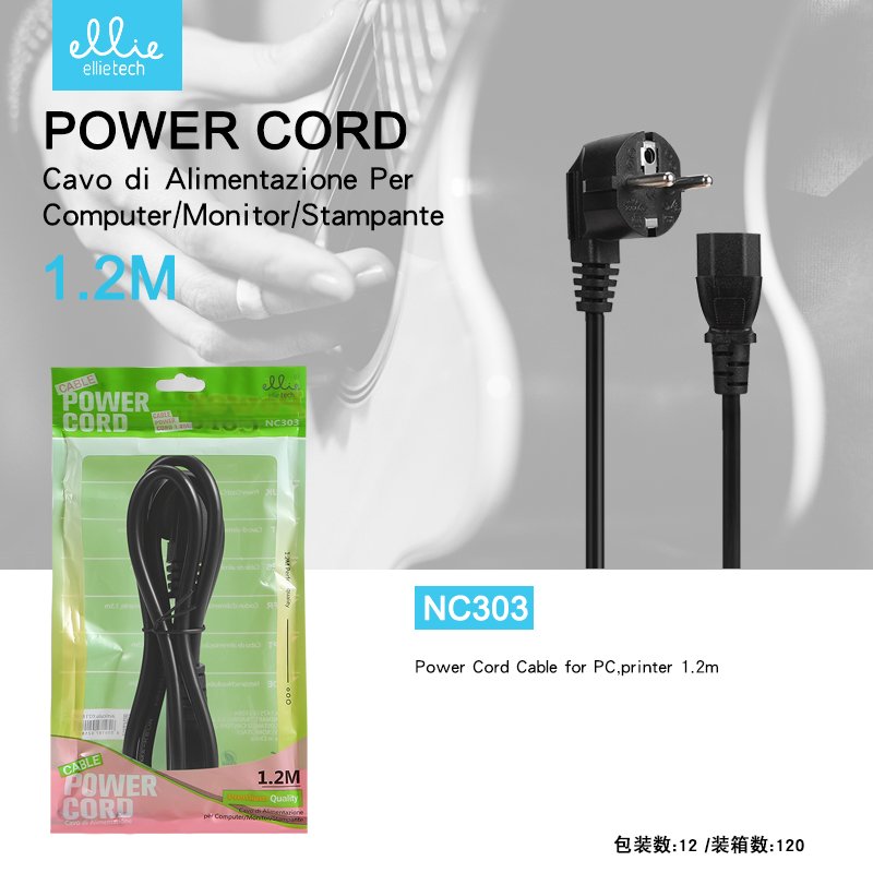 Ellietech NC303 Cable de Alimentacion para Ordenador/ Monitor/ Impresora 1.2M