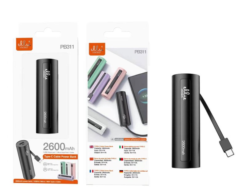 Ellietech PB311 Bateria Externa 2600mAh Portatil con Cable Type-C 5V 1A