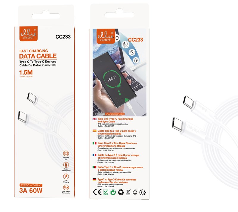 Ellietech CC233 Cable de Dato Tipo-C a Tipo-C Carga Rápida 1.5M 60W