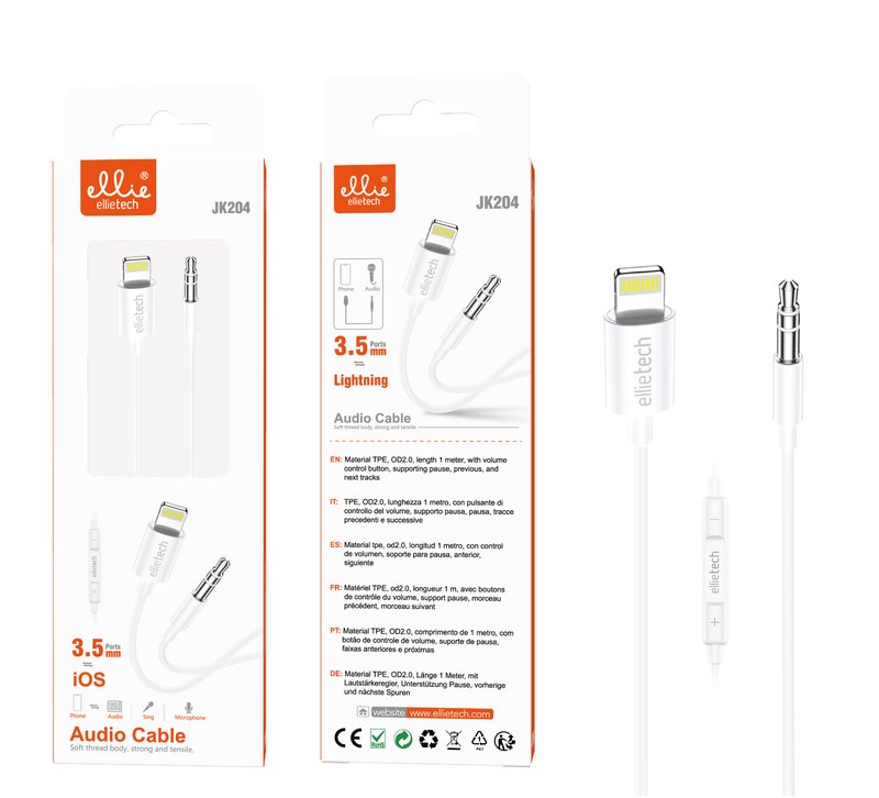 Ellietech JK204 Cable Audio Jack 3.5mm a Lightning 1.0M