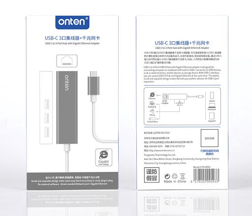 Onten 9593 Adaptador Tipo C a 3 Puertos con Gigabit Ethernet