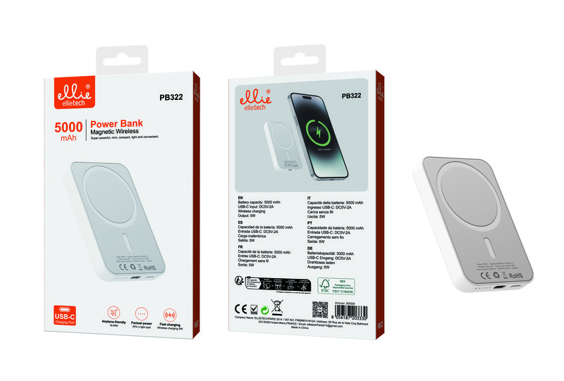 Ellietech PB322 PowerBank 5000mAh con Magnetic Wireless Blanco