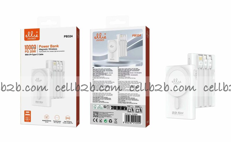 Ellietech PB324 PowerBank Magnético Inalámbrico  10000mAh PD 20W con Cable para iPhone  y Tipo C