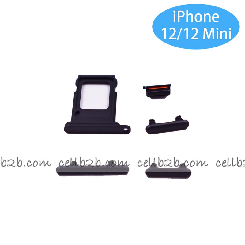 Set 4 Piezas Porta-SIM  + Teclado de Volumen, Encendido y Boton Vibración para iPhone 12 Mini 5.4 / 12 6.1 Negro