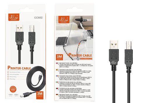 Ellietech CC602 Cable de Impresora USB Tipo-B 3M