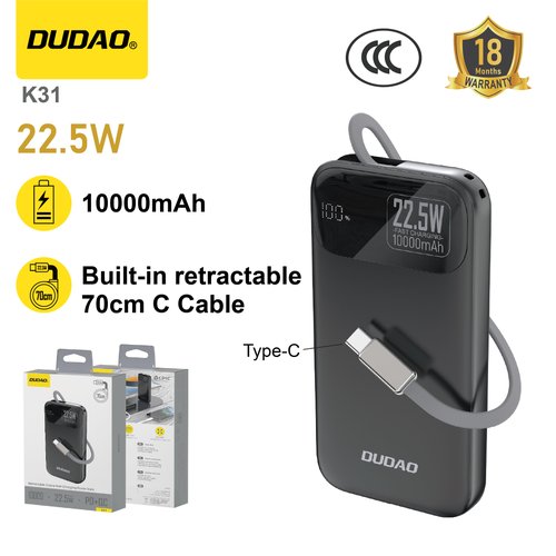 *Cable retráctil 70cm, carga rápida 22.5W, ultradelgado y portátil negro – DUDAO K31