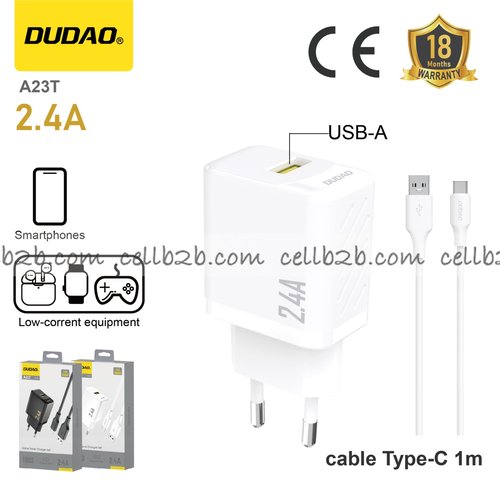 *Cargador USB 12 W con cable USB to Type-C,  2,4 A,  blanco– DUDAO A23T