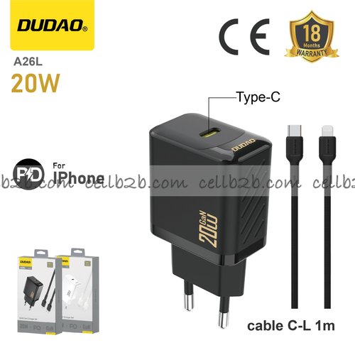 *Cargador PD 20 W con cable Type-C to Lightning para Apple, negro – DUDAO A26L