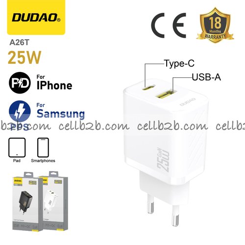 *Cargador USB + Type-C 25 W de doble puerto, compatible con Samsung PPS y Apple PD, blanco – DUDAO A26T