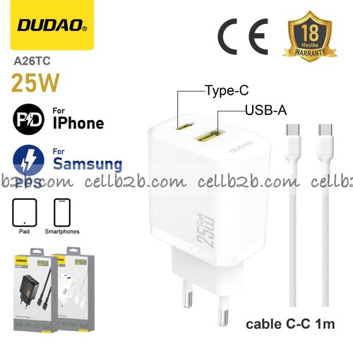 *Cargador USB + Type-C 25 W con cable C-C , compatible con Samsung PPS y Apple PD, blanco – DUDAO A26TC