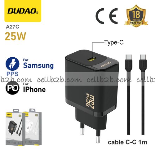 *Cargador Type-C 25 W con cable C-C, compatible con Samsung PPS y Apple PD, negro – DUDAO A27C