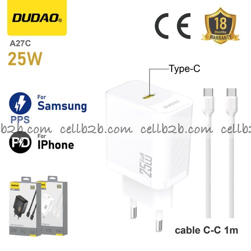 *Cargador Type-C 25 W con cable C-C, compatible con Samsung PPS y Apple PD, blanco – DUDAO A27C