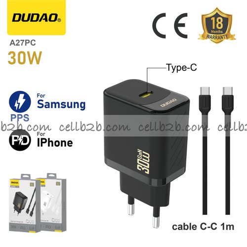 *Cargador Type-C 30 W con cable C-C compatible con Apple PD y Samsung PPS, negro – DUDAO A27PC
