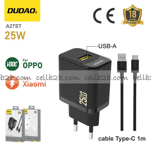 *Cargador USB 25 W con cable USB a Type-C, compatible con OPPO y Xiaomi, negro – DUDAO A27ST