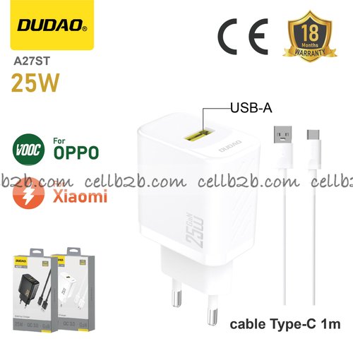 *Cargador USB 25 W con cable USB a Type-C, compatible con OPPO y Xiaomi, blanco – DUDAO A27ST