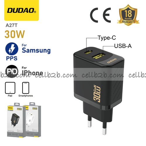 *Cargador USB + Type-C 30 W 2 puertos, compatible con Apple PD y Samsung PPS, negro – DUDAO A27T