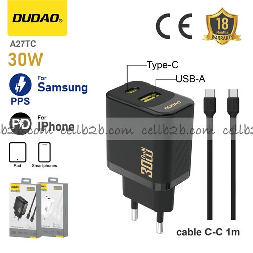 *Cargador USB + Type-C 30 W con cable  C--C, compatible con Apple PD y Samsung PPS, negro – DUDAO A27TC