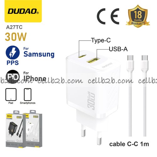 *Cargador USB + Type-C 30 W con cable  C--C, compatible con Apple PD y Samsung PPS, blanco – DUDAO A27TC