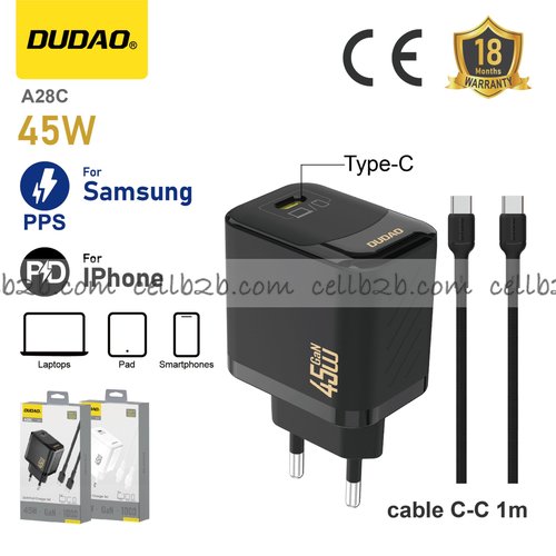 *Cargador Type-C 45 W GaN con cable C-C, compatible con Samsung PPS y Apple PD, para móvil, tablet y portátil, negro – DUDAO A28C