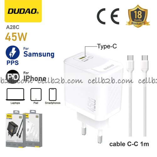 *Cargador Type-C 45 W GaN con cable C-C, compatible con Samsung PPS y Apple PD, para móvil, tablet y portátil, blanco – DUDAO A28C