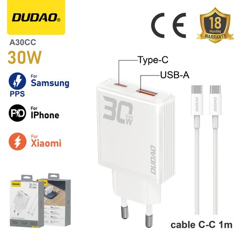 *Cargador Gan 30W USB-C+USB-A con Cable USB-C a USB-C Blanco - DUDAO A30CC