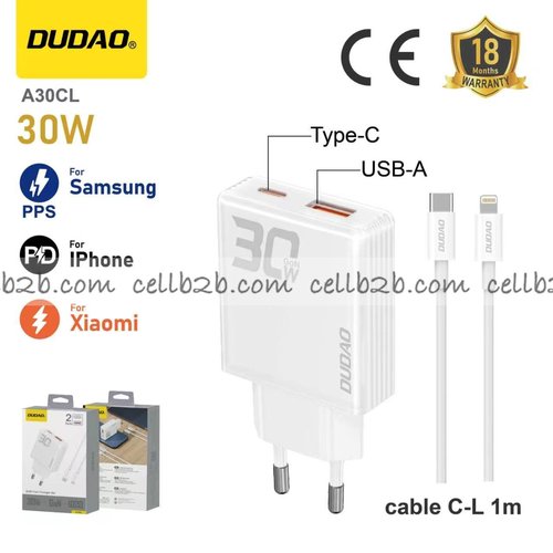 *Cargador Gan 30W USB-C+USB-A con Cable USB-C a Lightning Blanco - DUDAO A30CL