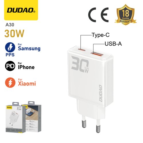 *Cargador Gan 30W USB-C+USB-A Blanco, Diseño Semitransparente Tipo Cristal, Enchufe Europeo - DUDAO A30