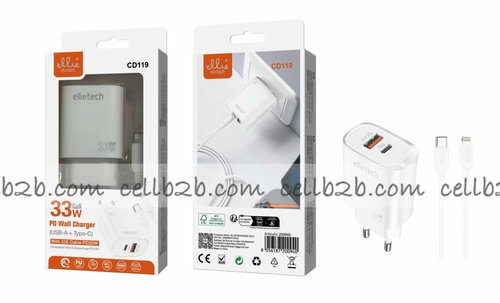 Ellietech CD119 Cargador de Entrada Tipo C Y USB A con cable Carga Rápida PD 33W para iOS Lightning