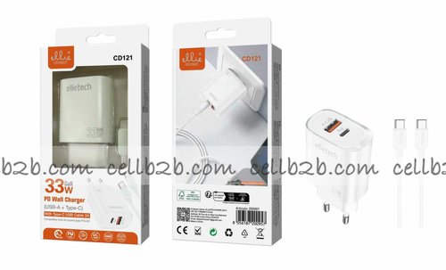 Ellietech CD121 Cargador de Entrada Tipo C Y USB A con Cable Tipo C Carga Rápida PD 33W